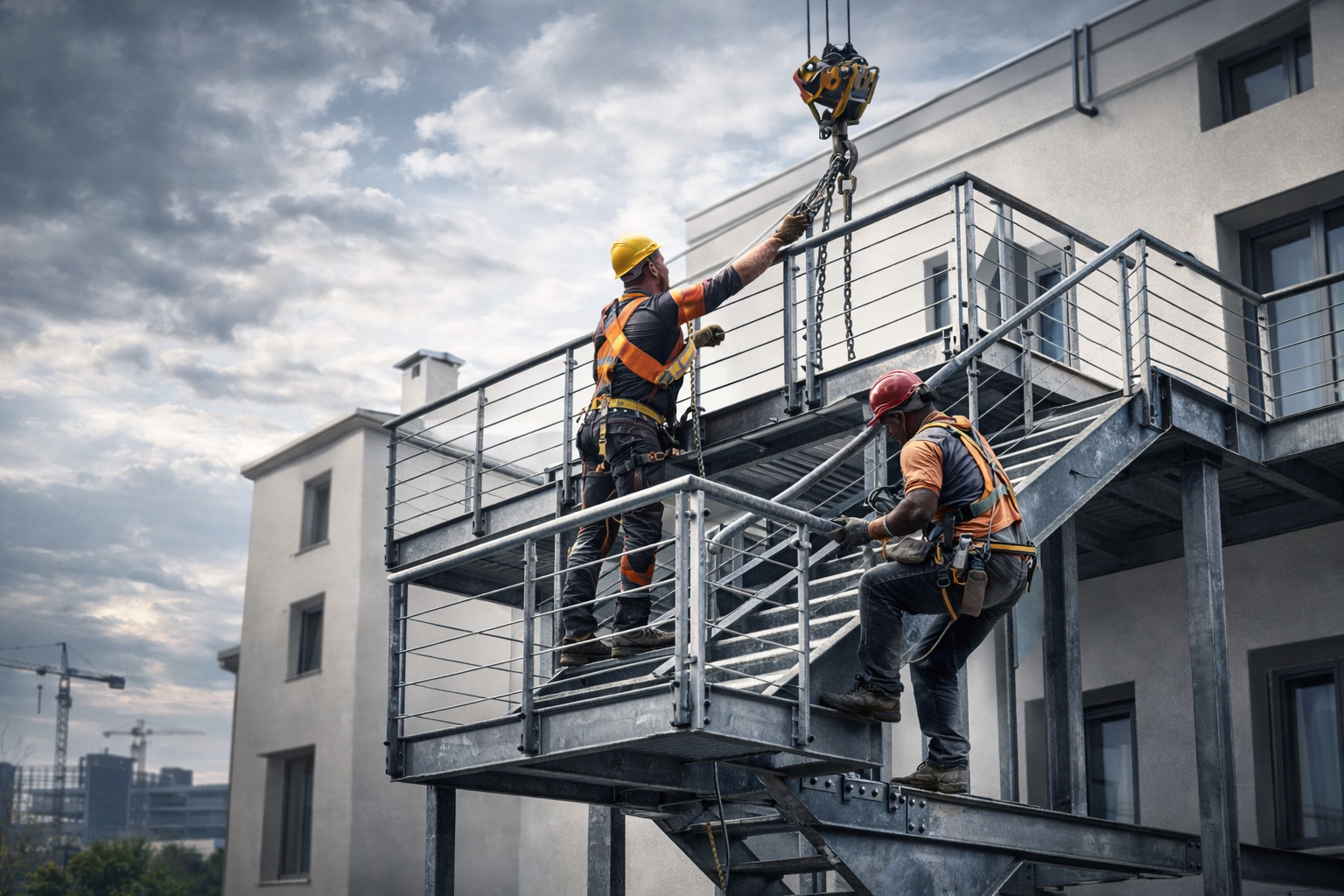 Dış cephede çelik yangın merdiveni montajı gerçekleştiren profesyonel metal montaj ekibi